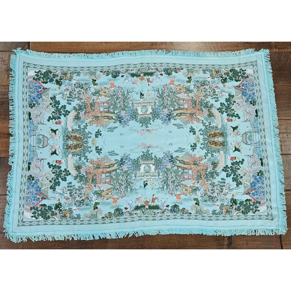 RARE VTG Brocaded Scenic Silk Chinese Tapestry Tablecloth Turquoise Fringe 55x38